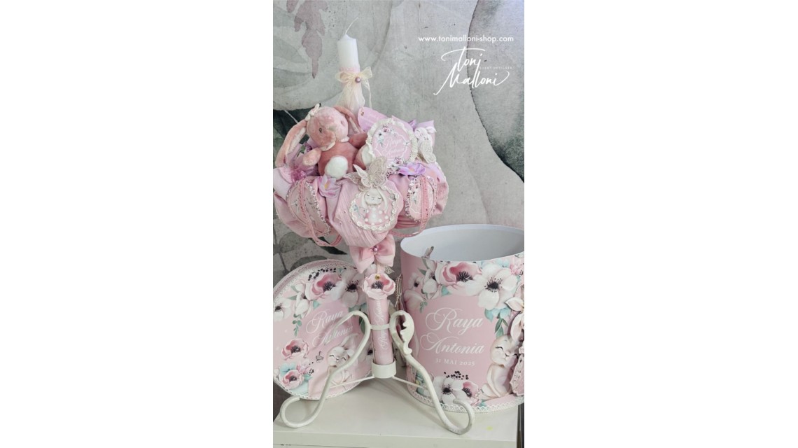 Lumanare de botez cu iepuras roz si pattern floral Happy Bunny 3